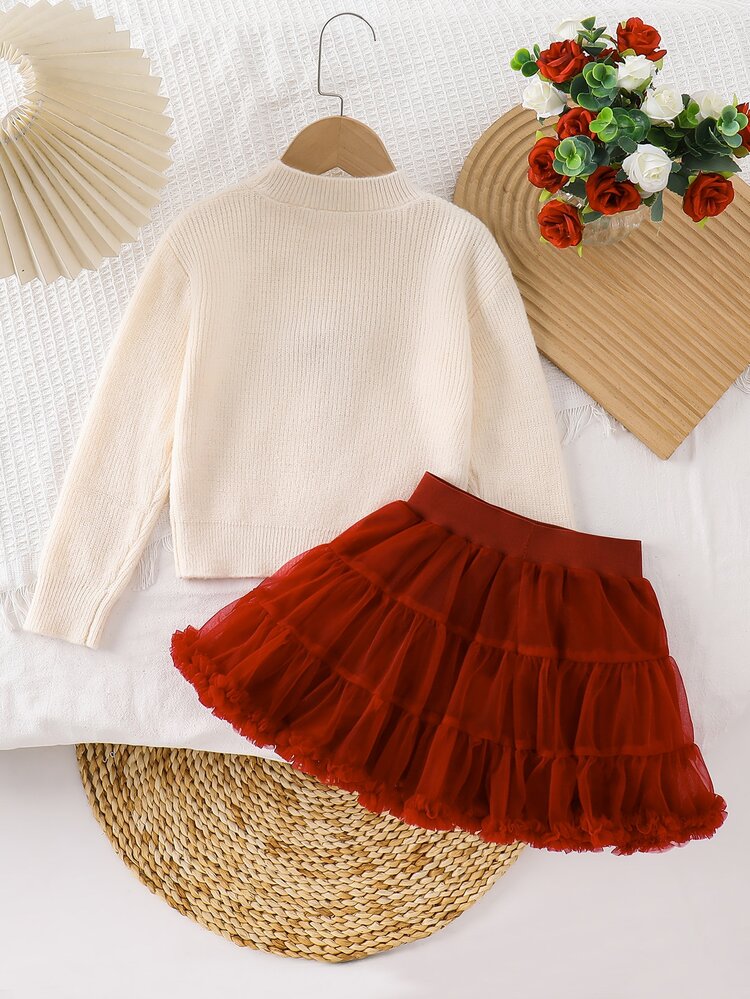 Maija Kids Maija Kids Young Girl Young Girl Young Girl Young Girl Young Girl Knit Round Neck 3D Bow Casual Sweater & Mesh Autumn Skirt 2 Pieces Set - Multicolor - View 3