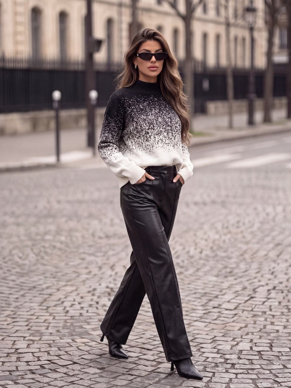 Women's Fall/Winter Elegant Casual White Black Gradient Jacquard High Neck Long Sleeve Knit Sweater Loose Vintage Textured For Office Party Going Out