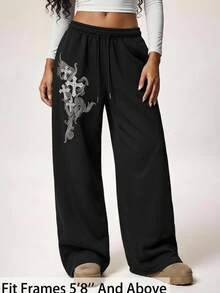 SHEIN PETITE CURVE 大尺碼休閒 90 年代 Grunge Goth 風格運動長褲，黑色，適合萬聖節、居家休閒、畢業季、度假、海灘度假與晚裝，夏季款 - 黑色 - 查看 1