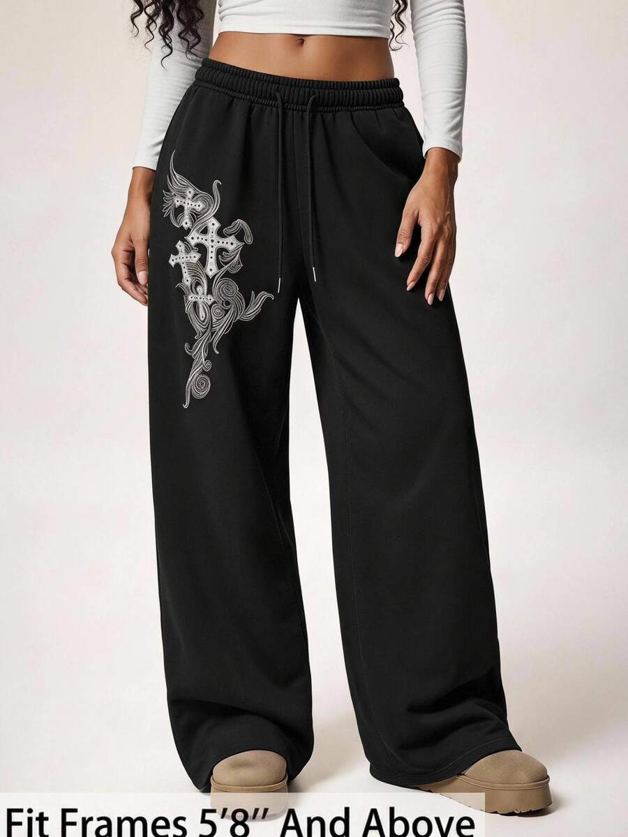 SHEIN PETITE CURVE 大尺碼休閒 90 年代 Grunge Goth 風格運動長褲,黑色,適合萬聖節、居家休閒、畢業季、度假、海灘度假與晚裝,夏季款 - 黑色 - 查看 1