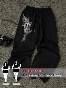 SHEIN PETITE CURVE 大尺碼休閒 90 年代 Grunge Goth 風格運動長褲，黑色，適合萬聖節、居家休閒、畢業季、度假、海灘度假與晚裝，夏季款 - 黑色 - 查看 6