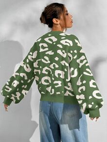 SHEIN Unity 寬鬆休閒街頭風百搭豹紋針織衫 早午餐綠色豹紋秋季款 - 彩色 - 查看 3