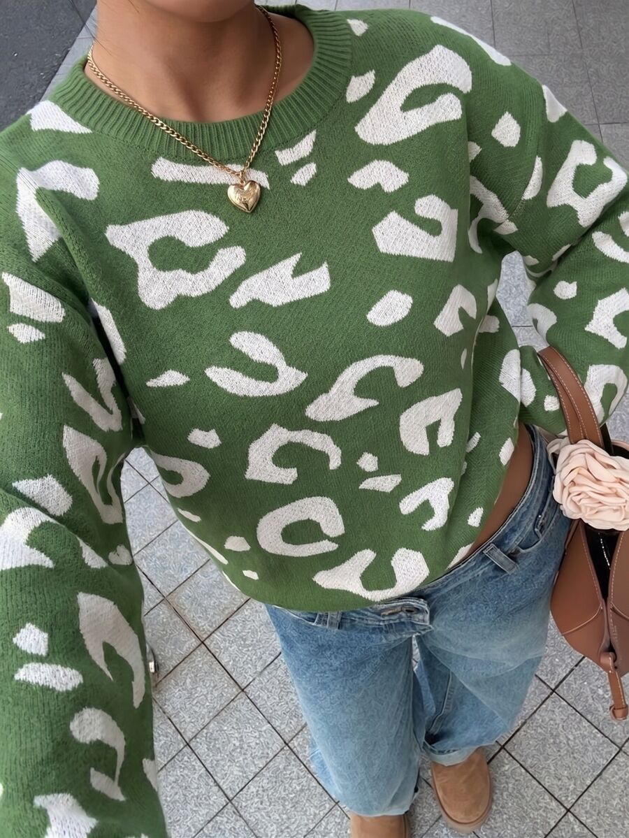 SHEIN Unity 寬鬆休閒街頭風百搭豹紋針織衫 早午餐綠色豹紋秋季款
