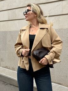Auralis Plus Size Women's Casual Loose Family Vacation Office All-Match Versatile Classic Khaki Short Trench Coat Simple Style Autumn - Khaki - View 9