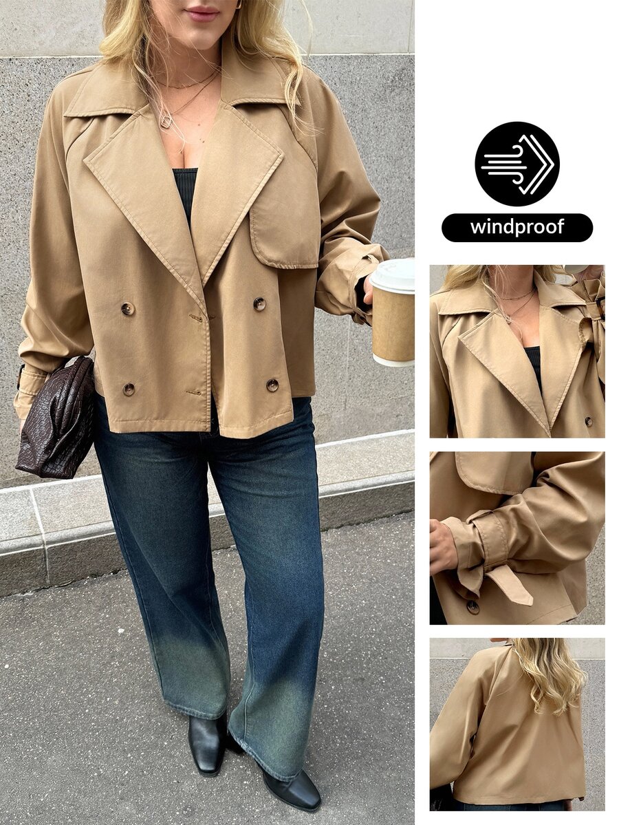 Auralis Plus Size Women's Casual Loose Family Vacation Office All-Match Versatile Classic Khaki Short Trench Coat Simple Style Autumn - Khaki - View 1