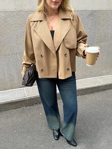 Auralis Plus Size Women's Casual Loose Family Vacation Office All-Match Versatile Classic Khaki Short Trench Coat Simple Style Autumn - Khaki - View 4