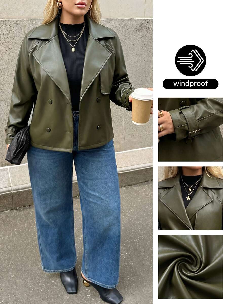 Auralis Olive Green Plus-Size PU Jacket Autumn Winter Adjustable Waist Short Trench Coat Fall Casual Smart Daily Office Business Going Out For Women
