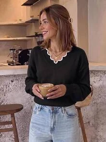 SHEIN Frenchy Women's Simple Versatile Colorblock Long Sleeve Sweater For Daily Commute - Black - View 2
