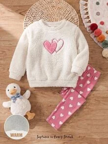 SHEIN Baby Girl Knitted Faux Fur Heart Pattern Crew Neck Casual Sweatshirt & Long Pants 2 Pieces Set - Multicolor - View 1