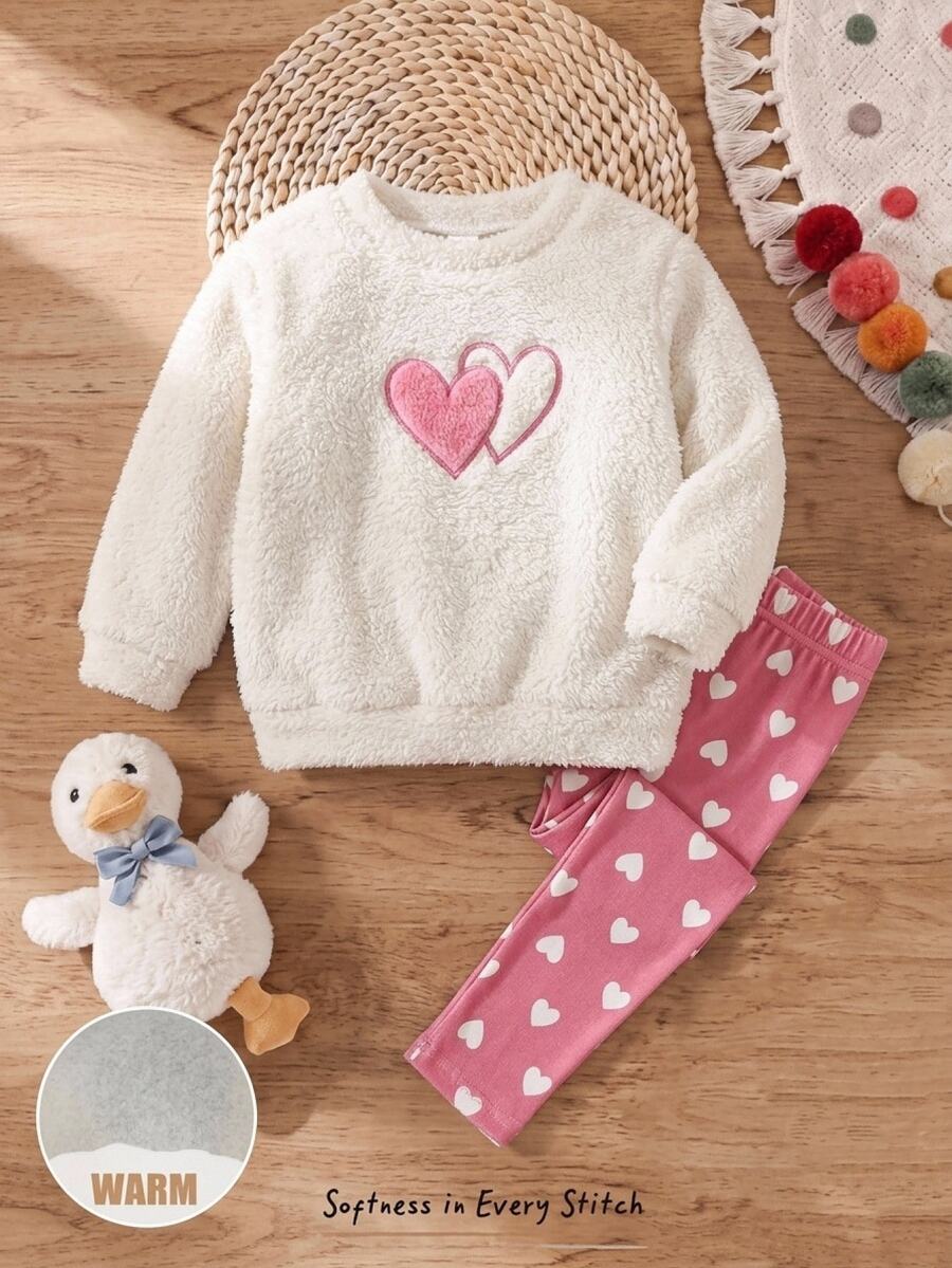 SHEIN Baby Girl Knitted Faux Fur Heart Pattern Crew Neck Casual Sweatshirt & Long Pants 2 Pieces Set - Multicolor - View 1