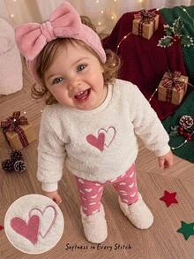 SHEIN Baby Girl Knitted Faux Fur Heart Pattern Crew Neck Casual Sweatshirt & Long Pants 2 Pieces Set - Multicolor - View 4