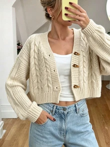 INAWLY Vintage Short Cable Knit Cardigan For Women, Thick V-Neck Loose Fit Outerwear With Horn Buttons, New Style - Apricot - View 3