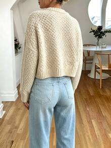 INAWLY Vintage Short Cable Knit Cardigan For Women, Thick V-Neck Loose Fit Outerwear With Horn Buttons, New Style - Apricot - View 2