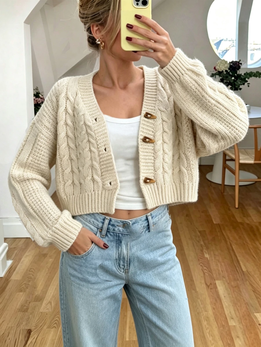 INAWLY Vintage Short Cable Knit Cardigan For Women, Thick V-Neck Loose Fit Outerwear With Horn Buttons, New Style - Apricot - View 1