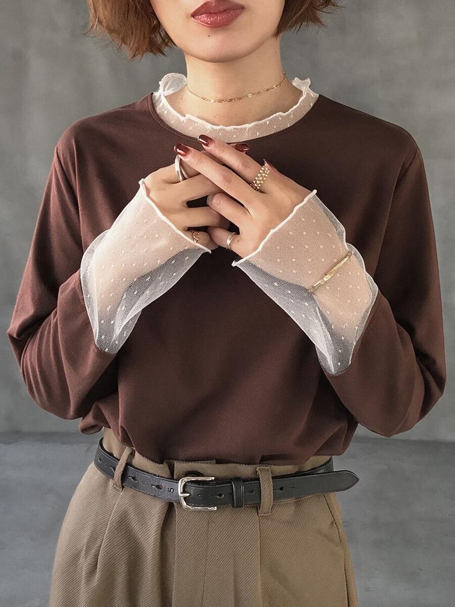 FRIFUL Solid Color Patchwork Sheer Polka Dot Mesh Fabric Loose Casual Versatile T-Shirt - Brown - View 1