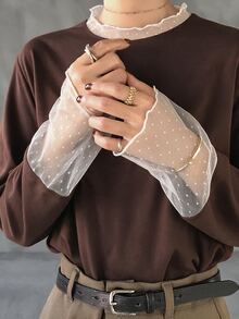 FRIFUL Solid Color Patchwork Sheer Polka Dot Mesh Fabric Loose Casual Versatile T-Shirt - Brown - View 7