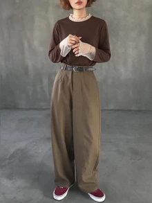 FRIFUL Solid Color Patchwork Sheer Polka Dot Mesh Fabric Loose Casual Versatile T-Shirt - Brown - View 6