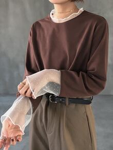 FRIFUL Solid Color Patchwork Sheer Polka Dot Mesh Fabric Loose Casual Versatile T-Shirt - Brown - View 5