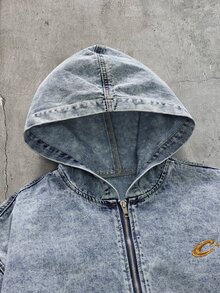 AXEPEAK Atasan Pria Lengan Panjang Berkerudung dengan Pinggang Elastis, Warna Biru Vintage Pudar, Bordir - Biru - View 6