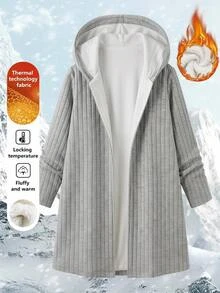 SHEIN Clasi Plus Size Thermal Lined Casual Fairycore Goth Streetwear Hooded Jacket, Autumn/Winter Club Concert Office Teacher Grey - Light Grey - View 7