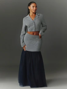 NYA SZN Matching Set Blazer & Skirt Set Maxi Long Sleeve Button Up Mesh Mermaid Work School Elegant Special Occasion Going Out Brunch Holiday Sexy Fall Winter - Royal Blue - View 3