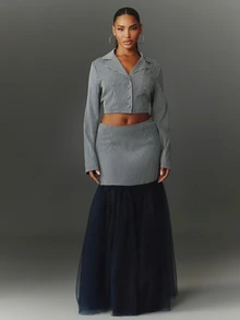 NYA SZN Matching Set Blazer & Skirt Set Maxi Long Sleeve Button Up Mesh Mermaid Work School Elegant Special Occasion Going Out Brunch Holiday Sexy Fall Winter - Royal Blue - View 4