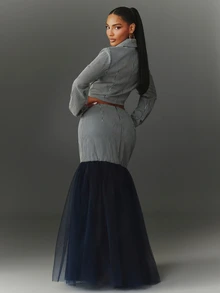 NYA SZN Matching Set Blazer & Skirt Set Maxi Long Sleeve Button Up Mesh Mermaid Work School Elegant Special Occasion Going Out Brunch Holiday Sexy Fall Winter - Royal Blue - View 2