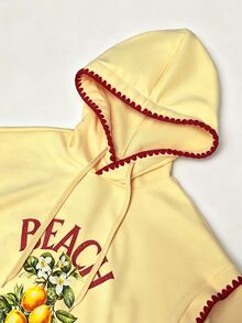 INAWLY 女款新款保暖內裡連帽衛衣，秋季美式休閒學院風，刺繡拼接撞色復古檸檬印花黃色長袖上衣 - 黃色 - 查看 5