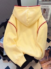 INAWLY 女款新款保暖內裡連帽衛衣，秋季美式休閒學院風，刺繡拼接撞色復古檸檬印花黃色長袖上衣 - 黃色 - 查看 2