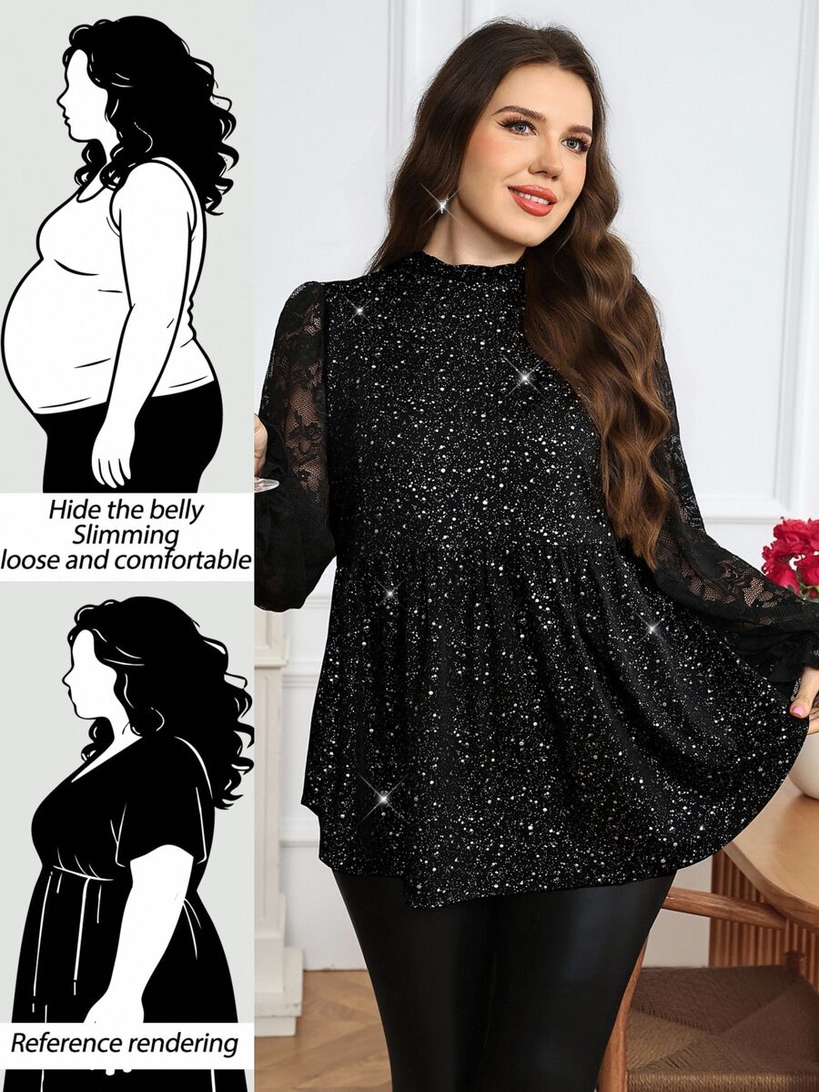 Easowa Curve Plus Size Women's Shiny Stand Collar Contrast Lace Long Sleeve Elegant Blouse Fall - Black - View 1