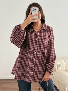 Easowa Curve 大尺碼簡約休閒格紋單排扣長袖襯衫 秋季 - 彩色 - 查看 5