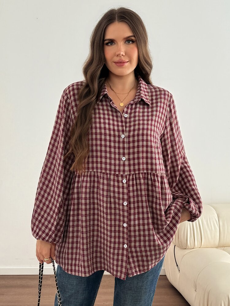 Easowa Curve Plus Size Minimalist Casual Plaid Single-Breasted Long Sleeve Shirt Fall - Multicolor - View 3