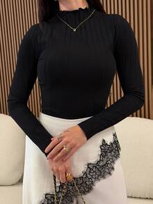 Yohana Edit 92% Cotton Ribbed Turtleneck Long Sleeve Slim Fit T-Shirt For Women, Black Spring Turtle Neck Top - Black - View 5