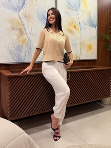 Yohana Edit 休闲宽松Polo领短袖针织镂空衫，撞色滚边杏色女士春夏开衫，夏季上衣，女士夏季服装，度假装，女士休闲上衣，女士针织衫，米色女士上衣，翻领衬衫，复古服装，网眼衬衫，女士上衣和衬衫，工作服，女士办公室工作衬衫，女士衬衫，新款女士Polo衫，针织Polo衫，优雅针织上衣 - 杏色 - 查看 5