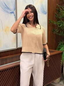 Yohana Edit 休闲宽松Polo领短袖针织镂空衫，撞色滚边杏色女士春夏开衫，夏季上衣，女士夏季服装，度假装，女士休闲上衣，女士针织衫，米色女士上衣，翻领衬衫，复古服装，网眼衬衫，女士上衣和衬衫，工作服，女士办公室工作衬衫，女士衬衫，新款女士Polo衫，针织Polo衫，优雅针织上衣 - 杏色 - 查看 4