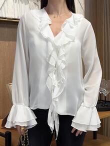 Yohana Edit White,Summer,Elegant,Tea Party Women Babydoll Double-Layer Ruffle V-Neck Long-Sleeve Shirt,Tie-Up Detail Chiffon Fall Winter Fall,Sheer Atmosphere - White - View 6
