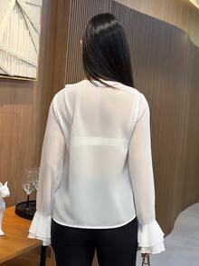 Yohana Edit White,Summer,Elegant,Tea Party Women Babydoll Double-Layer Ruffle V-Neck Long-Sleeve Shirt,Tie-Up Detail Chiffon Fall Winter Fall,Sheer Atmosphere - White - View 2