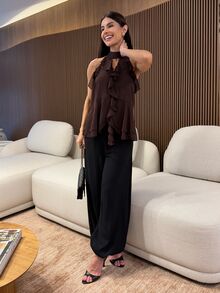 Yohana Edit 女式夏季优雅纯色荷叶边露背上衣 - 咖啡棕 - 查看 6