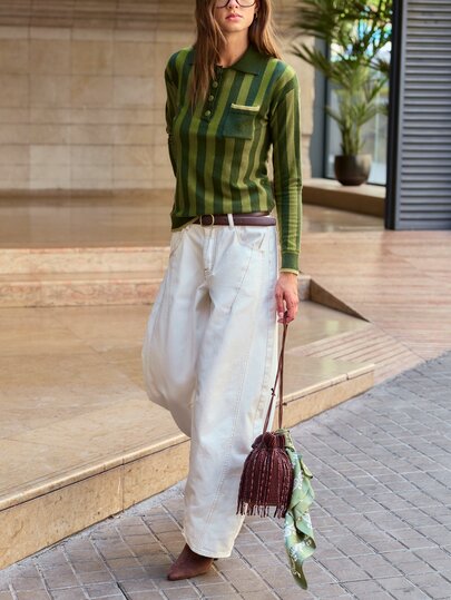Nöista Maglione a righe verdi con scollo polo, bottoni davanti e tasca. Autunno, inverno, casual, college, università, ufficio, accogliente..