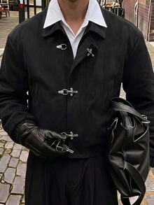 AXEPEAK Men's Long Sleeve Casual Jacket With Airplane Buckle Placket - Black - View 7