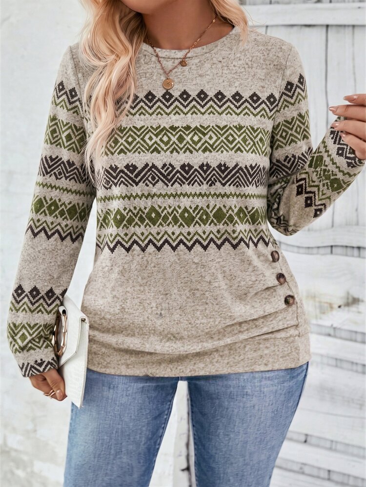 Selamara New Plus Size Women's Fashion Casual Versatile Round Neck Printed Long Sleeve T-Shirt - Multicolor - View 3
