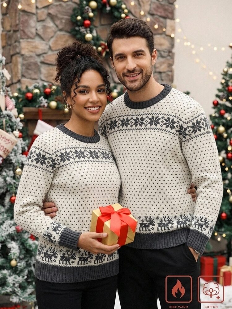 Manfinity Homme Men's Autumn/Winter Pullover Long Sleeve Crew Neck Knit Sweater With Christmas Elements, Slim Fit - White - View 2