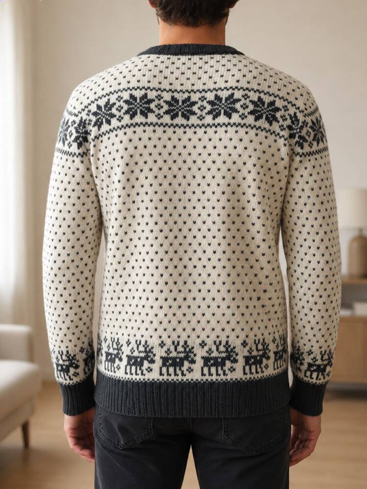 Manfinity Homme Men's Autumn/Winter Pullover Long Sleeve Crew Neck Knit Sweater With Christmas Elements, Slim Fit - White - View 4