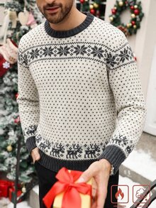 Manfinity Homme 男士秋冬長袖圓領針織套頭毛衣，聖誕元素設計，修身剪裁 - 白色 - 查看 2