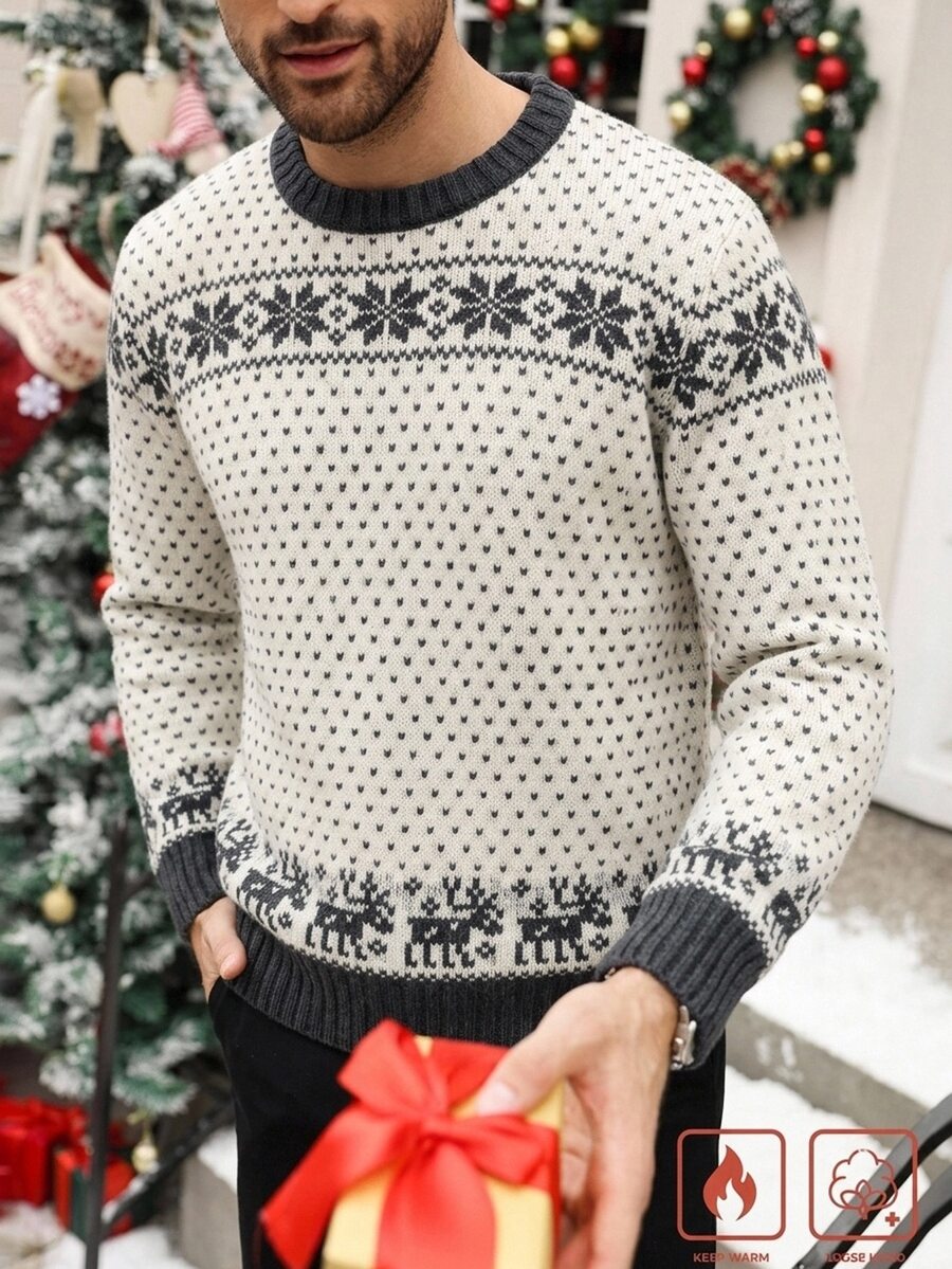 Manfinity Homme Men's Autumn/Winter Pullover Long Sleeve Crew Neck Knit Sweater With Christmas Elements, Slim Fit - White - View 1