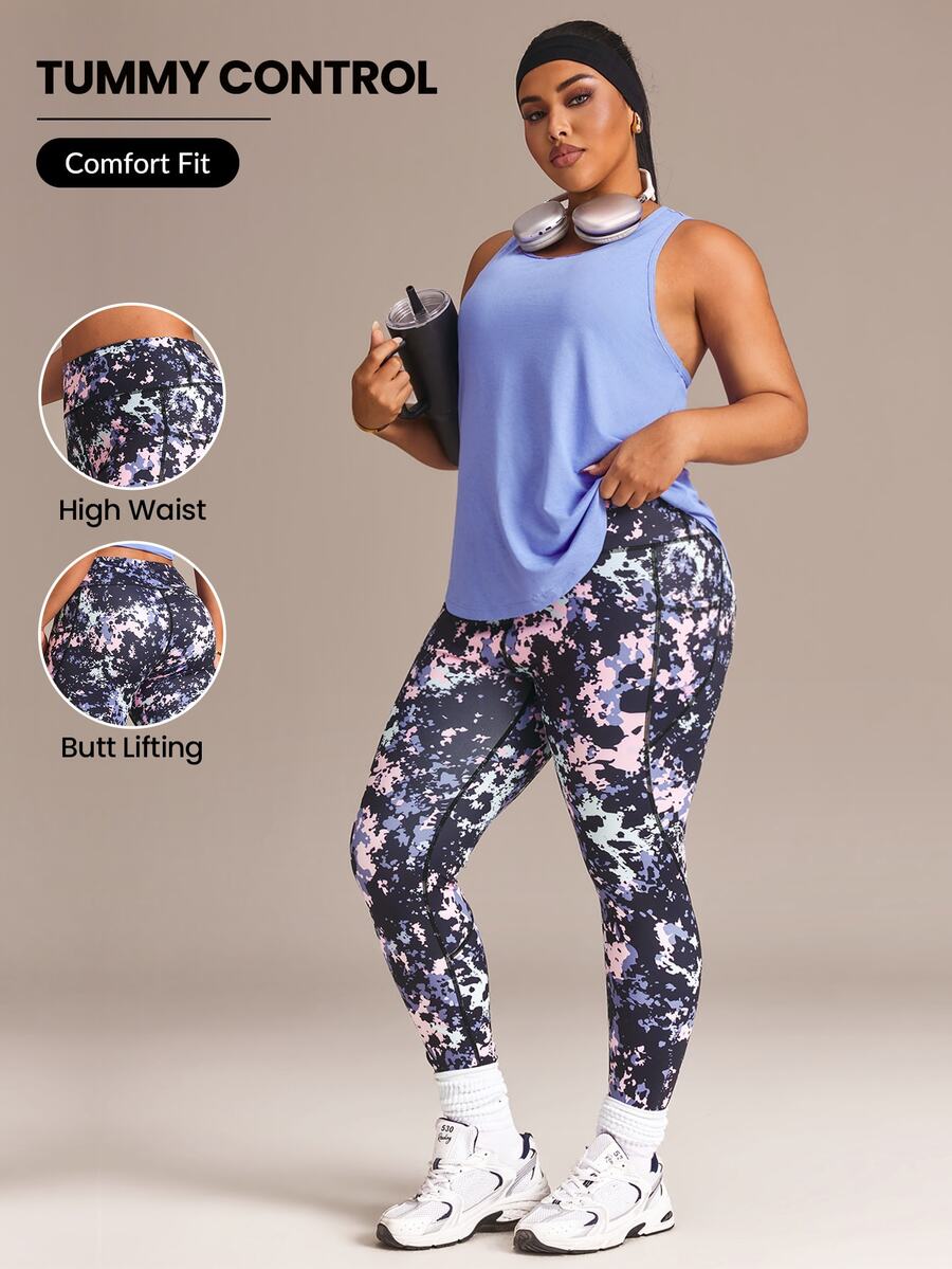 SHEIN Rhythm Era Tie Dye Plus Size Sports Leggings - Navy Blue - View 1