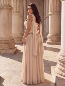 Coutiva Champagne Gold Off-Shoulder V-Neck Asymmetrical Ruched Satin Patchwork Full Skirt Chiffon Plus Size Long Evening Gown - Champagne - View 2