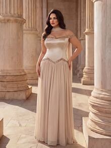 Coutiva Champagne Gold Off-Shoulder V-Neck Asymmetrical Ruched Satin Patchwork Full Skirt Chiffon Plus Size Long Evening Gown - Champagne - View 4