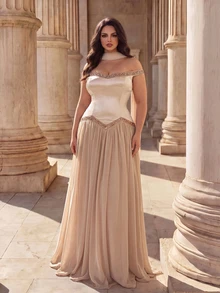 Coutiva Champagne Gold Off-Shoulder V-Neck Asymmetrical Ruched Satin Patchwork Full Skirt Chiffon Plus Size Long Evening Gown - Champagne - View 6