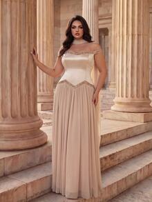 Coutiva Champagne Gold Off-Shoulder V-Neck Asymmetrical Ruched Satin Patchwork Full Skirt Chiffon Plus Size Long Evening Gown - Champagne - View 3